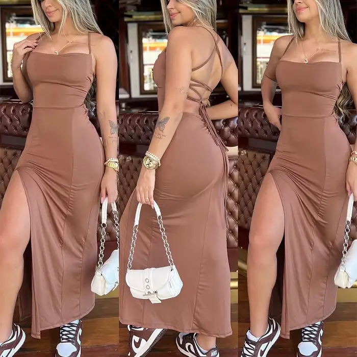 Robe sans manches Spaghetti sangle couleur unie élégante pour femmes occasion spéciale soirée club sexy