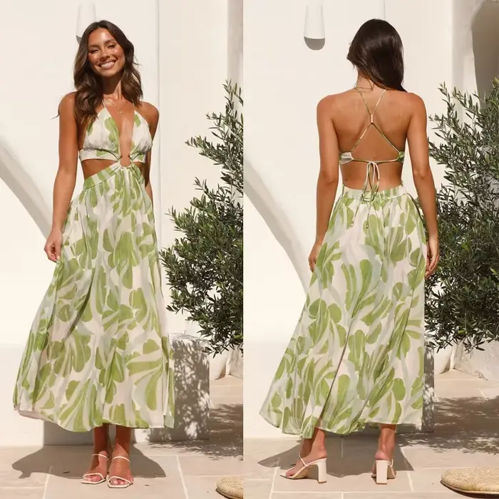 Robe fendue à imprimé floral pour femmes, dos nu, taille haute, sexy, soutien-gorge sans taille, mai