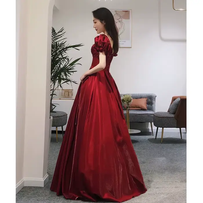 Robe de Soirée Rouge pour Femme, Tenue Élégante, Col en V, Manches Courtes, Jupe Longue, Dos aux, No