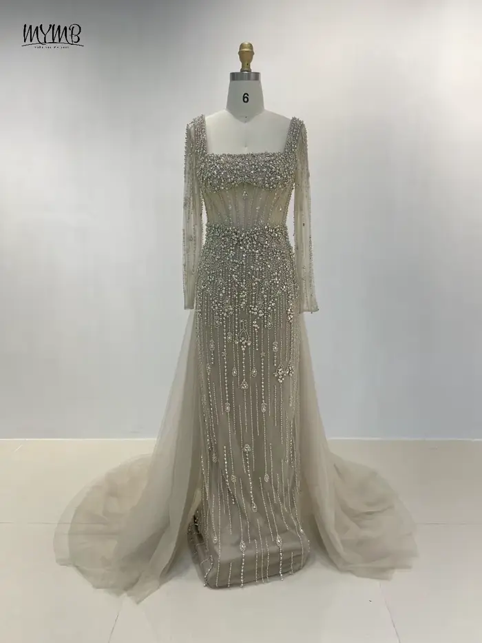 MYMB Champagne sirène superbe perlée femmes robes de soirée de mariage arabe modeste manches longues