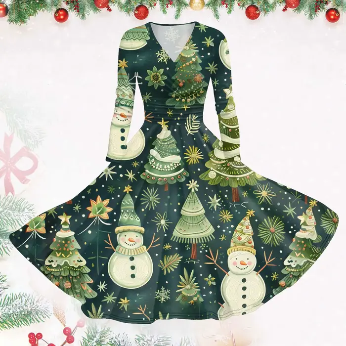 Robe Pinup Imprimée de Noël Polyester Elégante pour Femmes Occasions Spéciales Fêtes Mariages Soirées Gala
