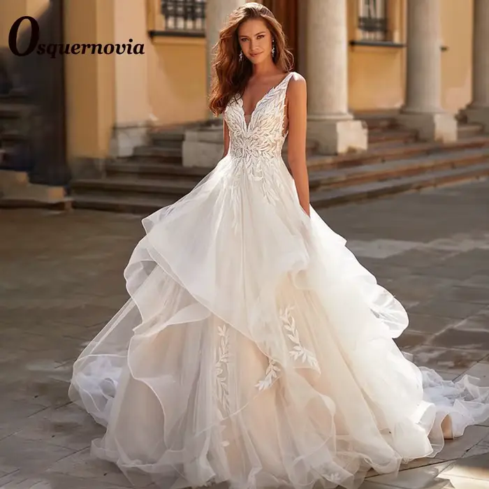 Osnovia-Charmante robe de mariée superposée à col en V, appliques en dentelle, fibra A-Line, robes d