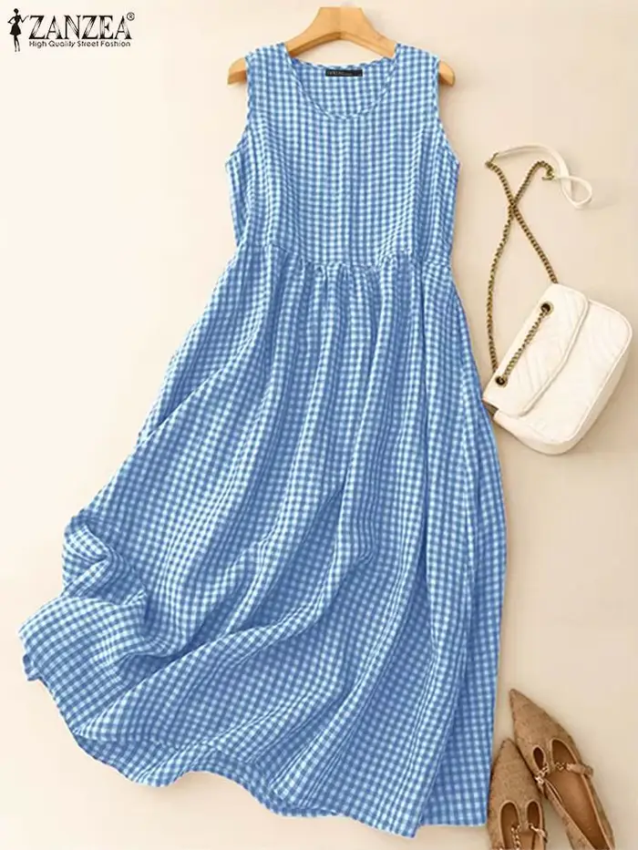 Robe mi-longue à carreaux vintage pour femmes, style bohème, été, polyester et coton, occasions spéciales, famille, vacances, mariage