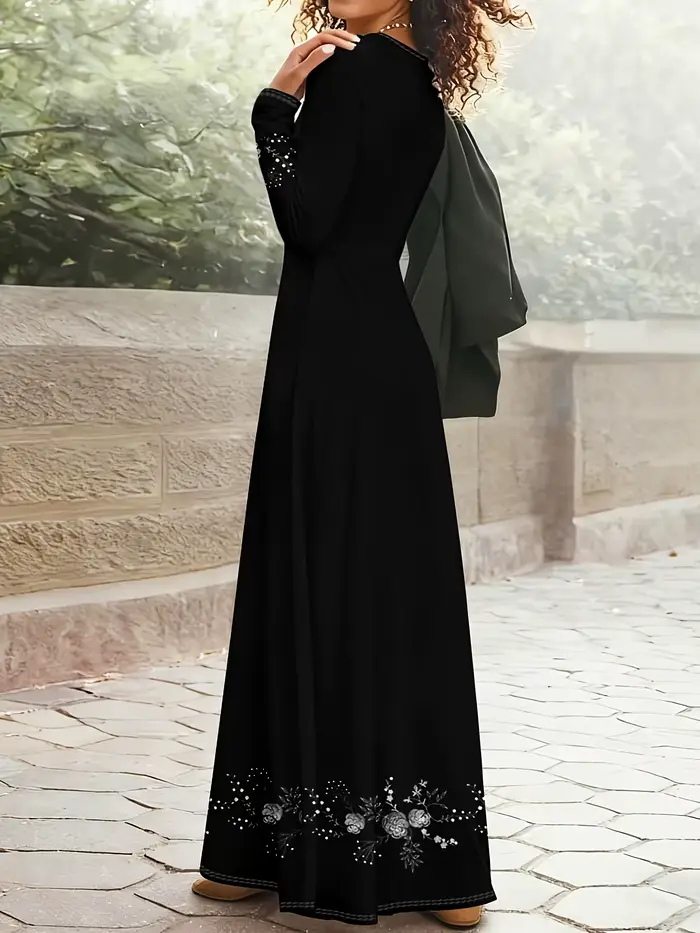 Robe noire imprimée floral élégante pour femmes décontractée pour occasions spéciales printemps automne