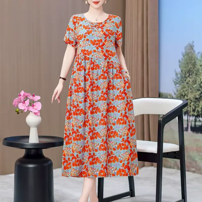 Robe vintage décontractée à manches courtes col rond impression florale ample pour femmes occasions spéciales été 2025