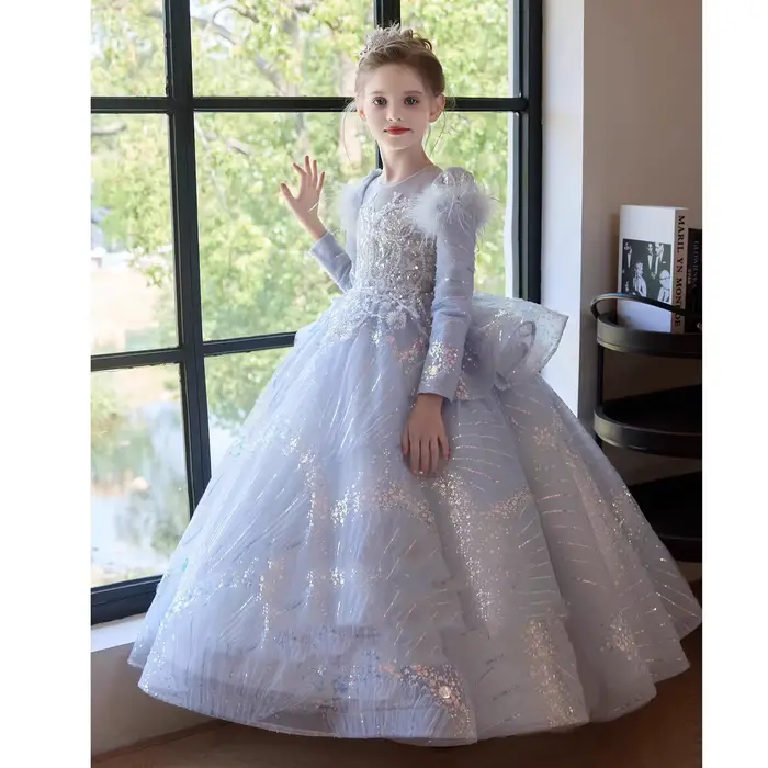 Robe de princesse longue à manches longues pour filles, bleu, pour spectacle de mode, animation, per