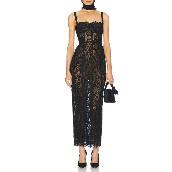 Robe de Cocktail en dentelle pour femmes, Sexy, ajourée, transparente, sans manches, coupe cintrée, 