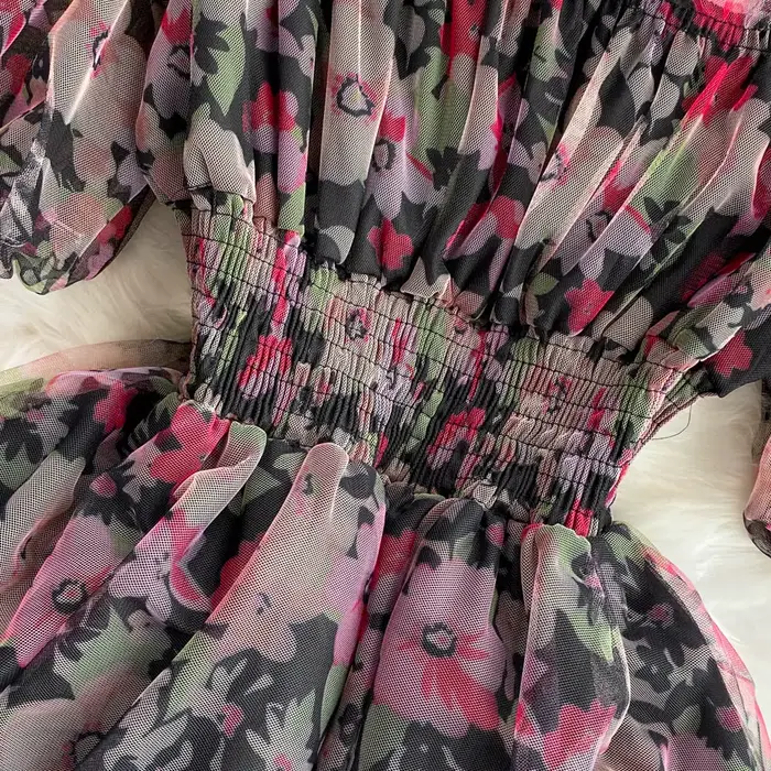 Robe de gâteau Dancing JL Ants imprimé floral chic française pour femmes, col carré, manches courtes bouffantes, silhouette élégante, occassions spéciales