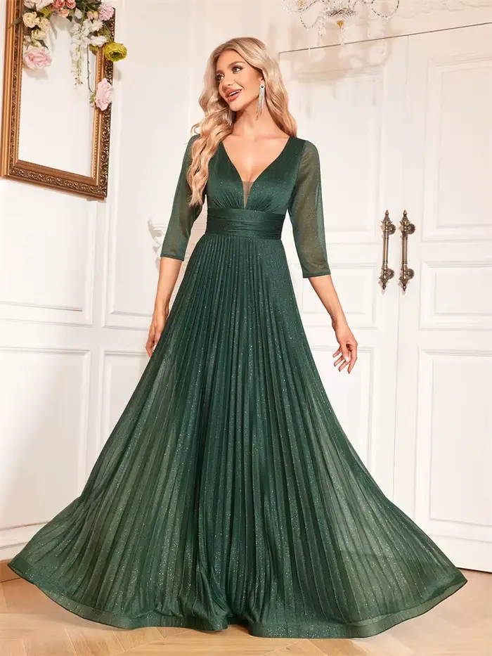 Lucyinlove luxe à manches longues robes de soirée formelles élégant col en v longueur au sol femmes en mousseline de