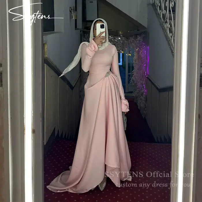 SSYTENS – robe de soirée musulmane Chic, asymétrique, en mousseline de soie, manches longues, perles