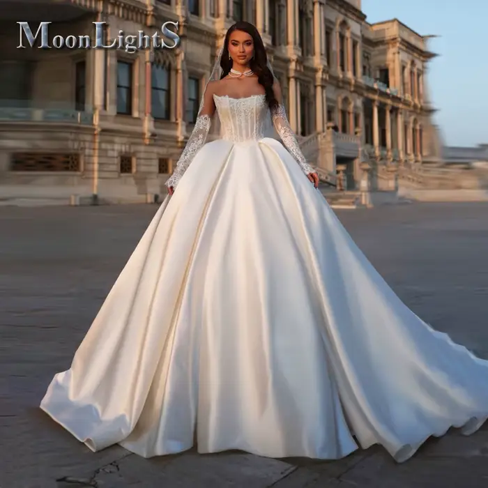 Robes de mariée classiques en dentelle Moonlight pour femmes, coupe trapèze, en satin plissé, avec t