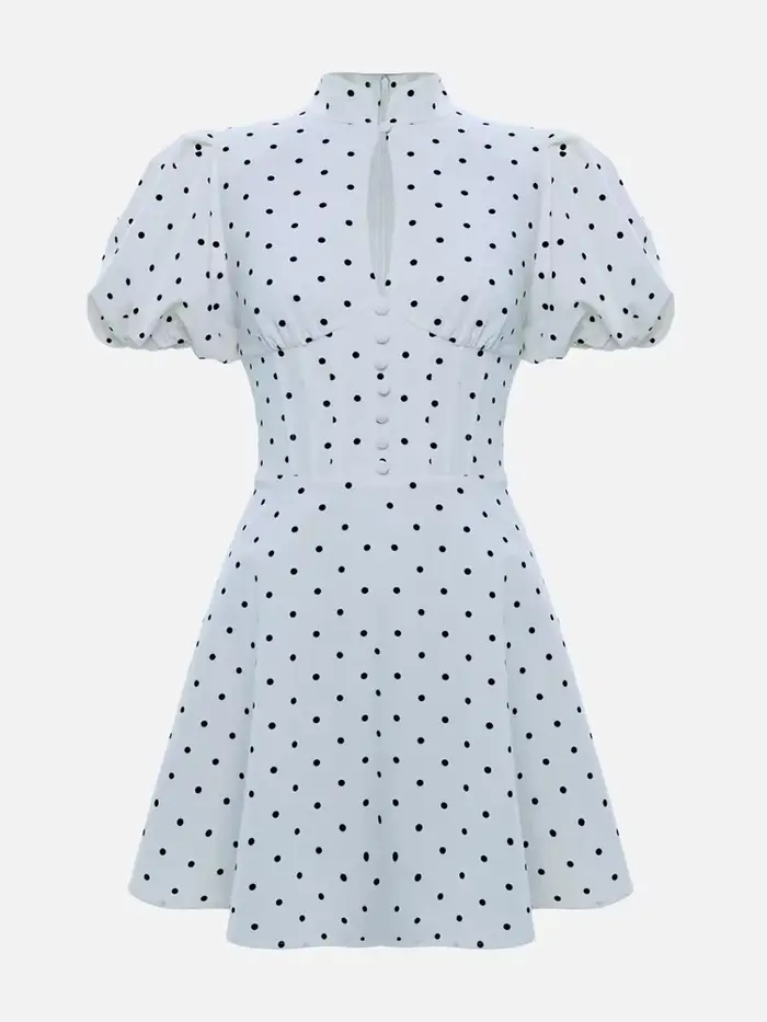 Robe Courte Rétro à Pois Coupe Trapèze pour Femme, Élégante, Col Montant, Manches Courtes Bouffantes