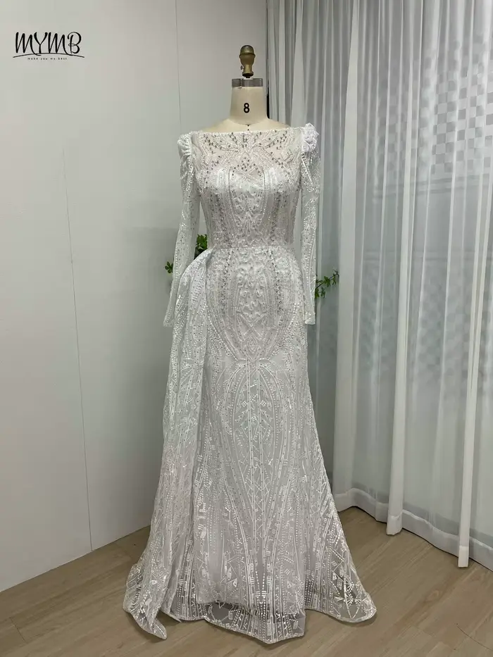Robe de soirée MYMB en polyester sirène perlée avec train latérale pour femmes mariages et cérémonies spéciales