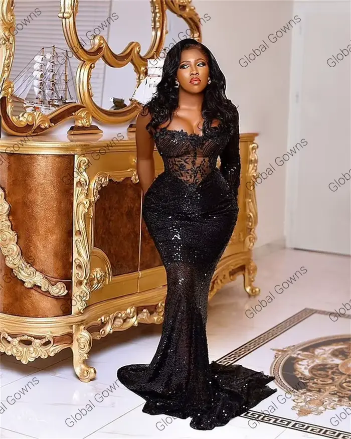 Aso Ebi-Robe de soirée noire à fleurs 3D perlées pour femmes