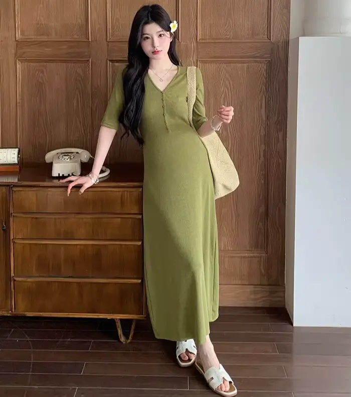 Robe de maternité printemps-été, style vintage français, minimaliste, verte, douce et confortable, p