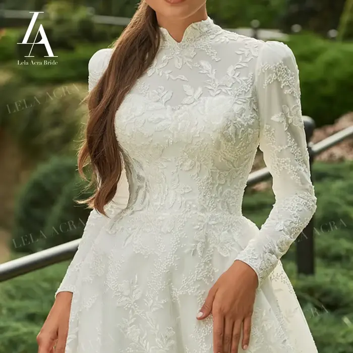 Robe de mariée musulmane 2026 à manches longues Appliques a-ligne classique princesse