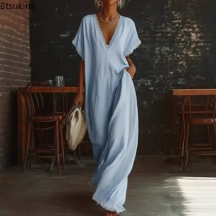 Robe en dentelle ample avec col en V pour femmes, couleur blanche, noire, rouge bordeaux, bleu ciel, jaune, pour l'été, la plage, les fêtes, junior