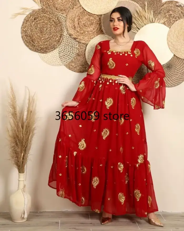 Abaya Jalabiya-Robe rouge brodée à manches évasées