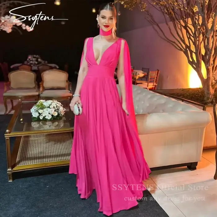 SSYTENS Robes de soirée dos nu rose fuchsia, col en V profond, en mousseline, robes de soirée sexy, 