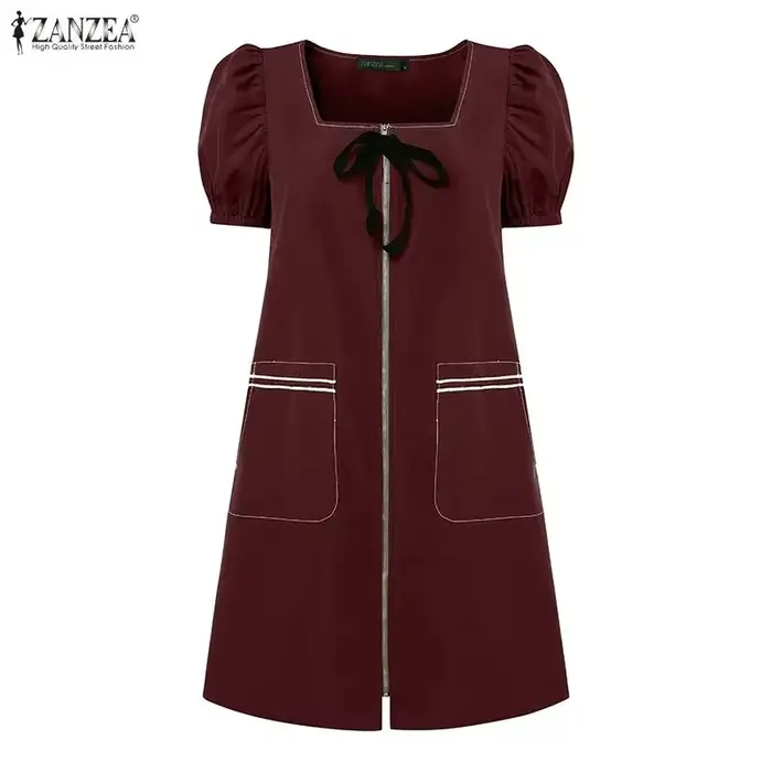 Robe ZANZEA élégante pour femme, col carré, manches courtes bouffantes, polyester, longueur genou, style urbain, solide, pour le travail ou les loisirs, collection été 2026