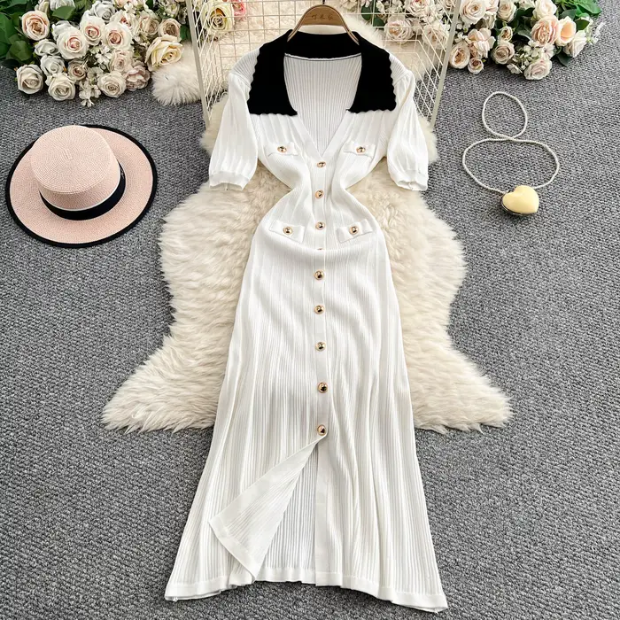 Robe longue décontractée pour femme REALEFT, élégante, col polo, tricotée, nouvelle collection 2026,
