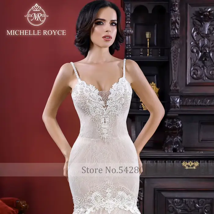 Michelle Royce sirène robes De mariée Sexy chérie bretelles Spaghetti Appliques fermeture éclair Court Train robe De mariée Vestido De Novia