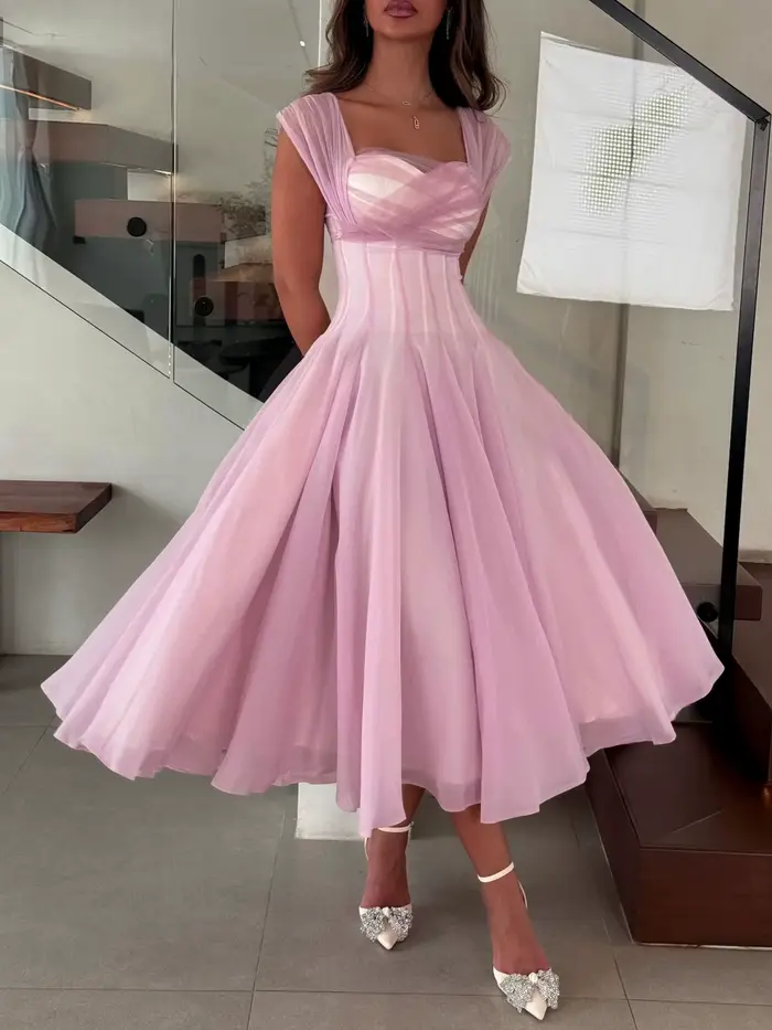 Robe midi élégante pour femme, style français, tempérament doux, rose, longue, cintrée à la taille,