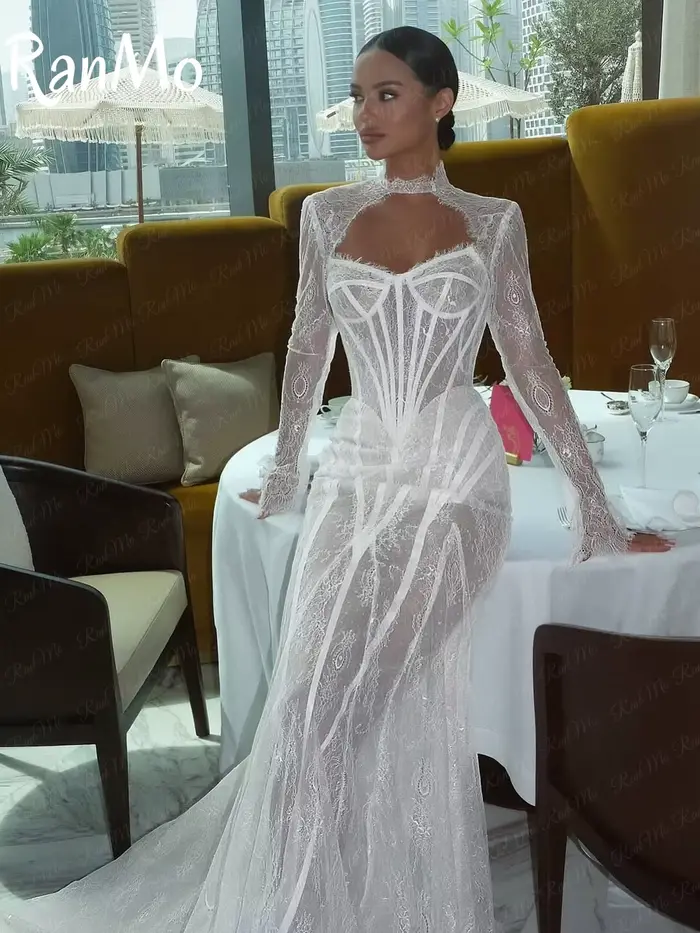 Ranmo nouveau 2025 robe de mariée blanche col haut sirène manches longues dentelle robe de mariée de luxe Boho Court Tain personnalisé