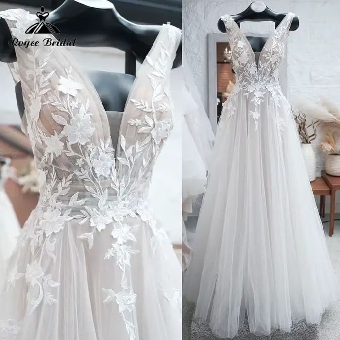 Robe de mariée de plage 2026 coupe trapèze fluide avec col en V, appliques en dentelle et dos nu, pe