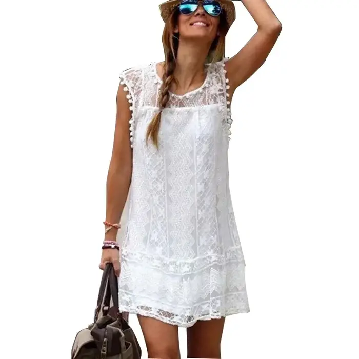 Robe en dentelle blanche mini décontractée sans manches pour femmes, occasion spéciale, été, plage, soirées en terrasse