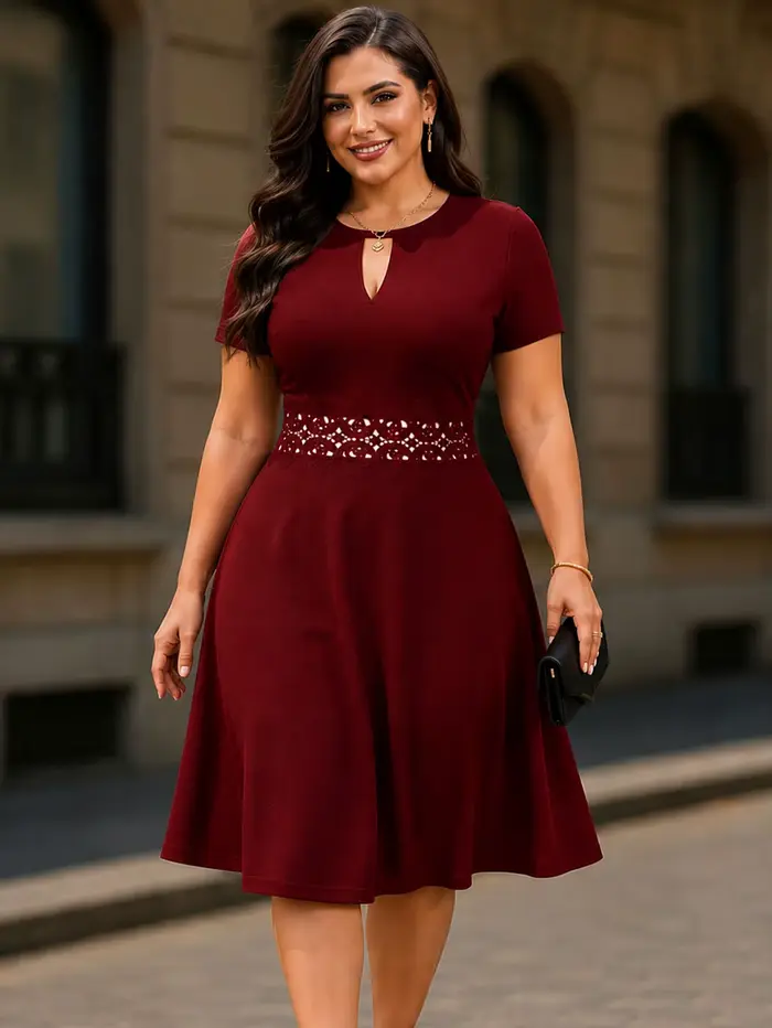 Robe trapèze élégante à manches courtes et col rond pour femmes grandes tailles