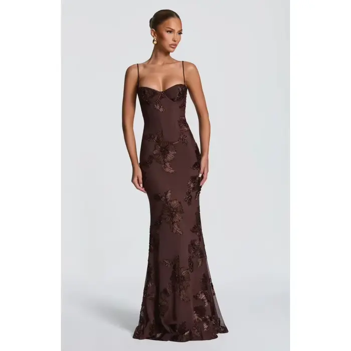 Robe de soirée ornée de fleurs pour femme junior élégante sans manches col en V polyester ajustée occassions spéciales printemps été