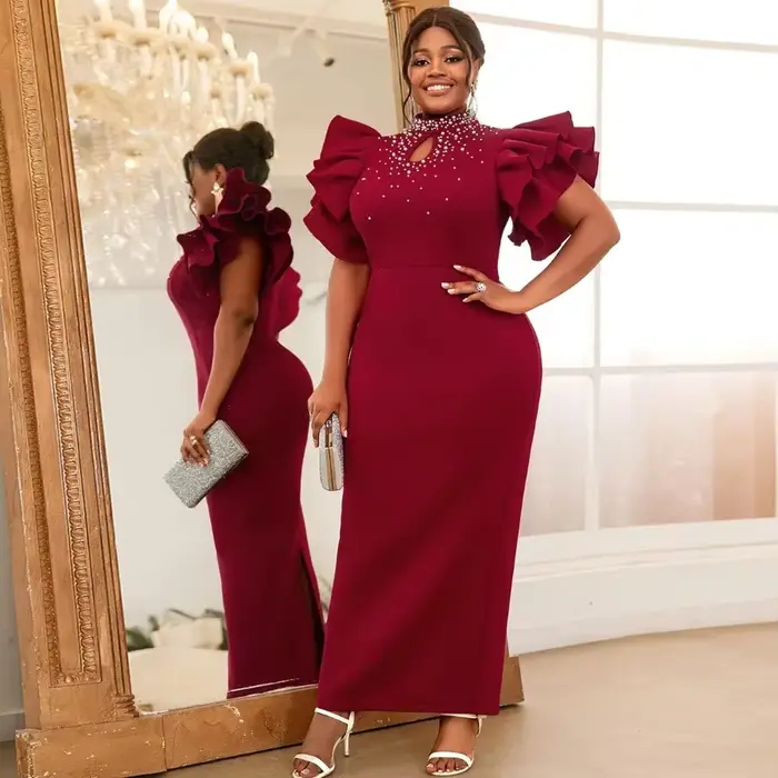 Robe d'invitée de mariage personnalisée en polyester et élasthanne avec perles et volants pour femmes, style sexy et club, idéale pour les mariages, anniversaires, bal et soirées romantiques