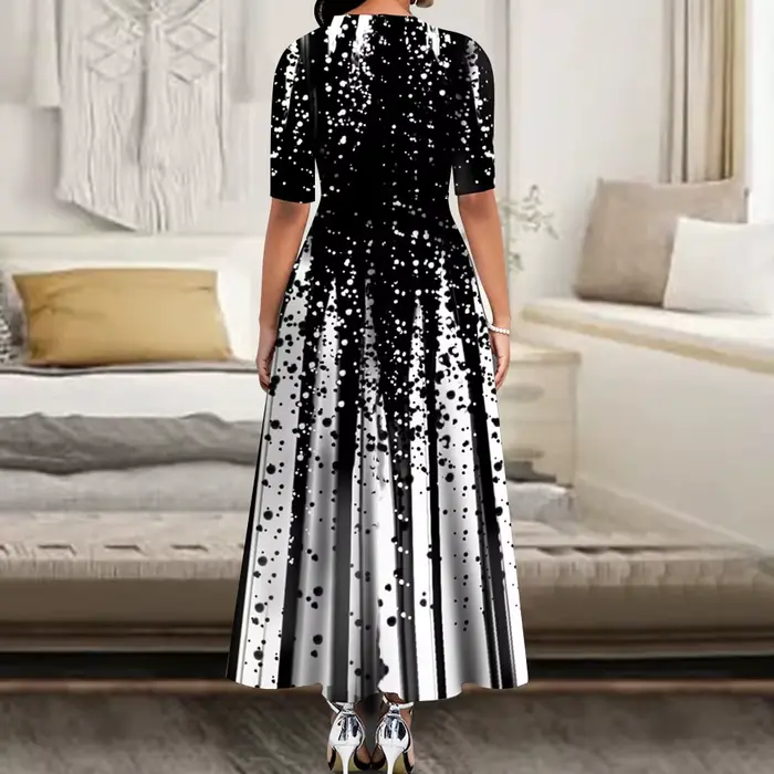 Robe longue de soirée élégante pour femmes, col rond, imprimé rétro, décontracté, polyester et élasthanne, idéale pour mariages et événements spéciaux