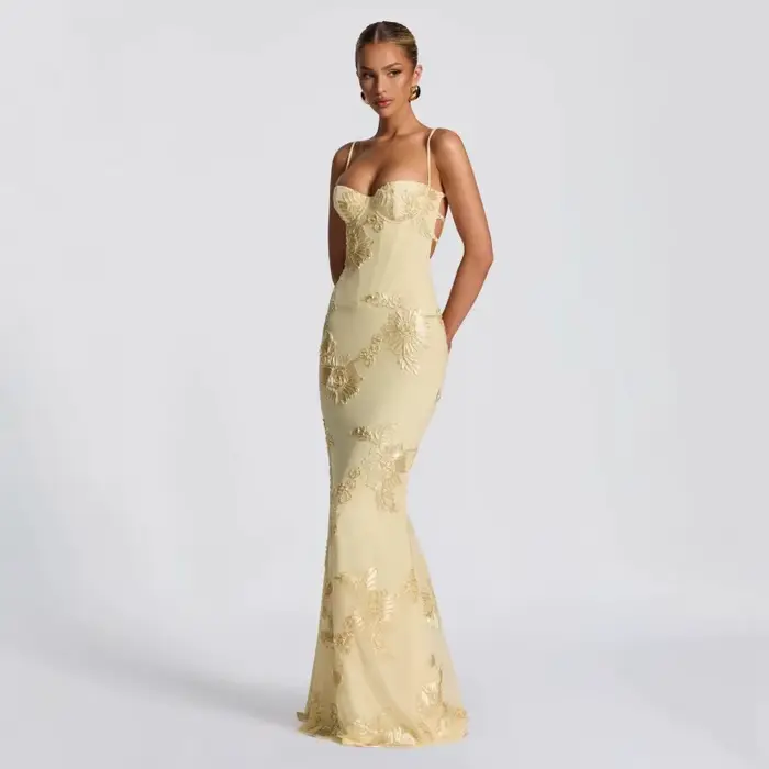 Robe de soirée ornée de fleurs pour femme junior élégante sans manches col en V polyester ajustée occassions spéciales printemps été