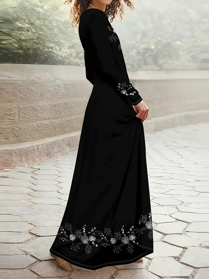 Robe noire imprimée floral élégante pour femmes décontractée pour occasions spéciales printemps automne