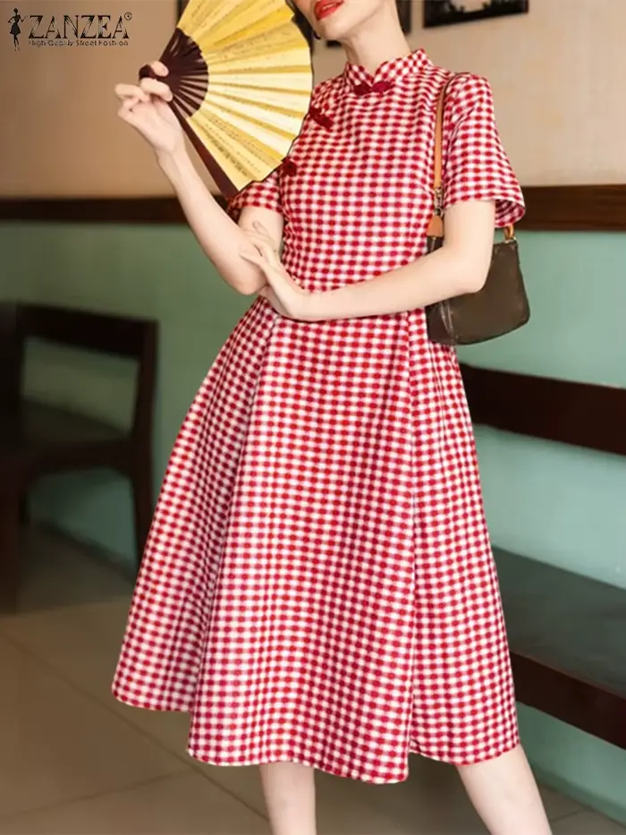 Femmes élégantes robes mi-longues ZANZEA été Plaid robe à carreaux col montant fête