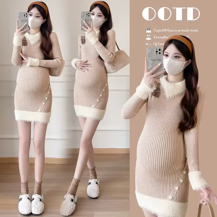 Robe de maternité en tricot avec col en fourrure élégante pour femmes, silhouette ajustée, douceur incomparable, confort maximal pour futures mamans occasions spéciales