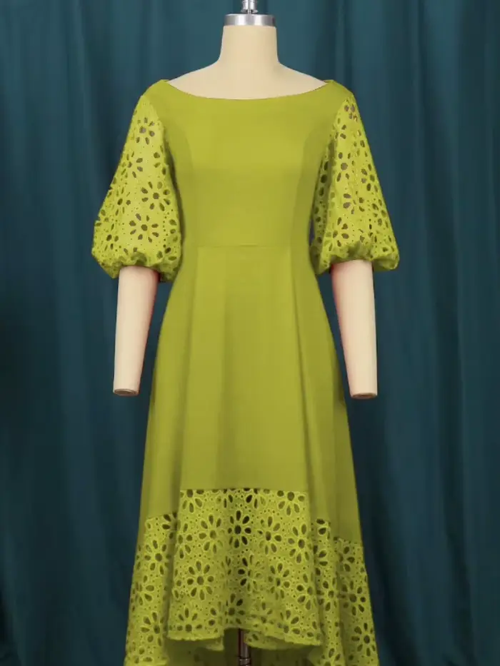 Robe élégante vert patchwork dentelle col rond manches bouffantes ligne A pour femmes bureau fête occasions spéciales 2025