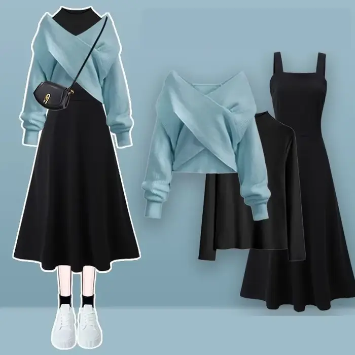 Femmes printemps automne nouveau Vintage tricot pull + chemise + sangle robe Midi 3 pièces costume 2025 coréen élégant