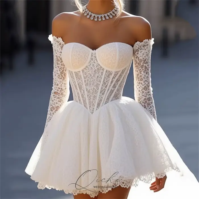 QICHE – robe de mariée trapèze courte en dentelle pour femmes