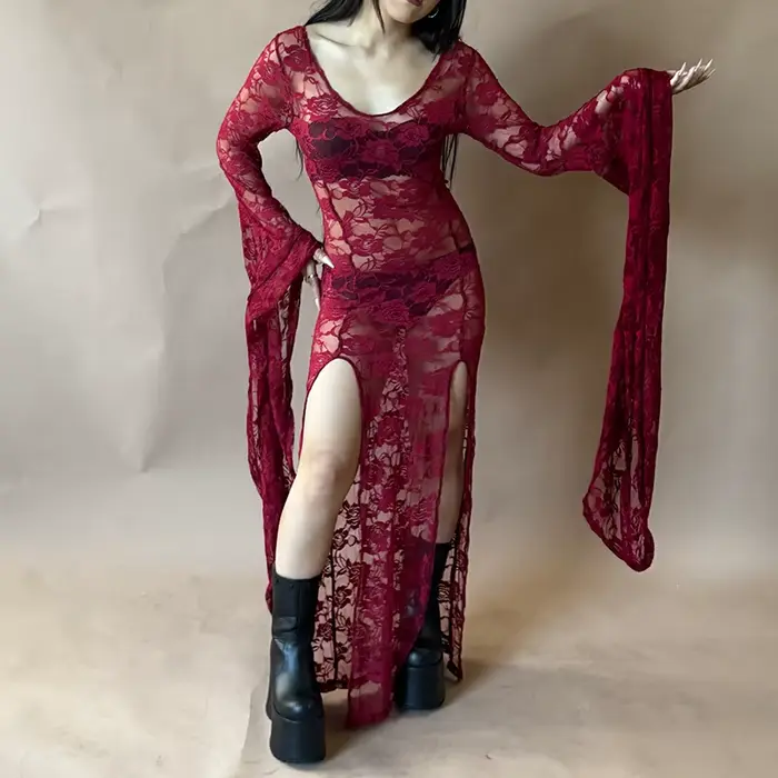 Robe moulante femme style Goth Punk avec dentelle et col en V coupe crayon en polyester et élasthanne pour été