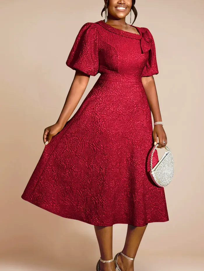 Élégant Jacquard une ligne robes 3D fleur manches courtes bouffantes femmes décontracté bureau travail soirée Cocktail