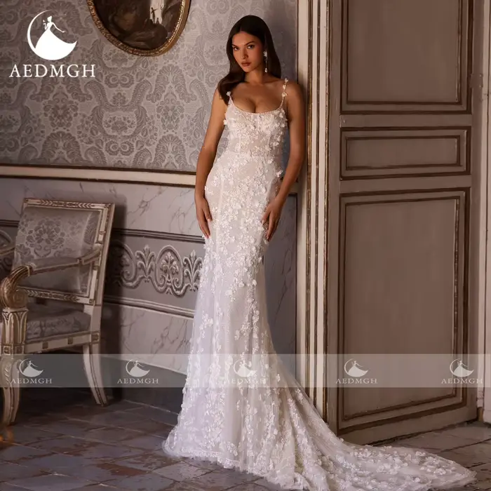 Robe de mariée sirène avec bretelles spaghetti festonnées, fleurs 3D, soutien-gorge intégré, train amovible, sur-mesure pour femmes, occasions spéciales