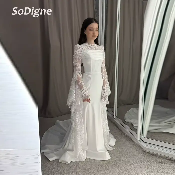 Robe de mariée sirène SoDigne en satin/ Dentelle, manches longues, col rond, robes de mariée 2026, l