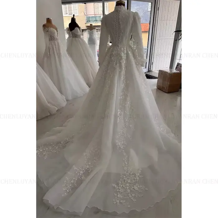 ROSEANN luxe robes De mariée musulmanes 2025 personnalisé a-ligne col haut perles longues