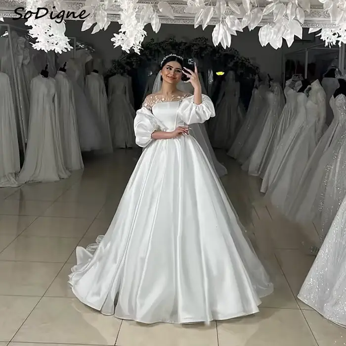 SoDigne – robe de mariée en Satin, coupe trapèze, col rond, manches bouffantes, avec appliques, robe