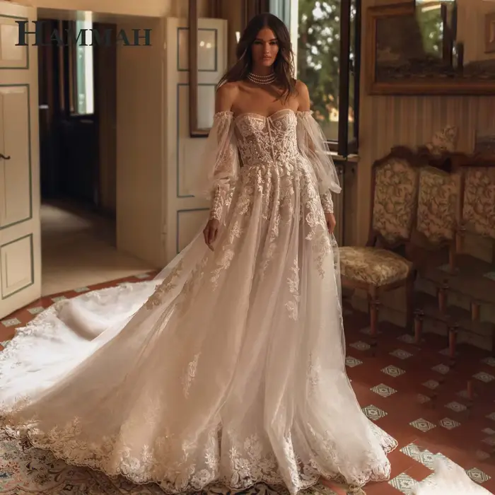 HAMMAH à la mode manches bouffantes Robe De mariée Court Train dentelle Appliques plissé chérie ferm