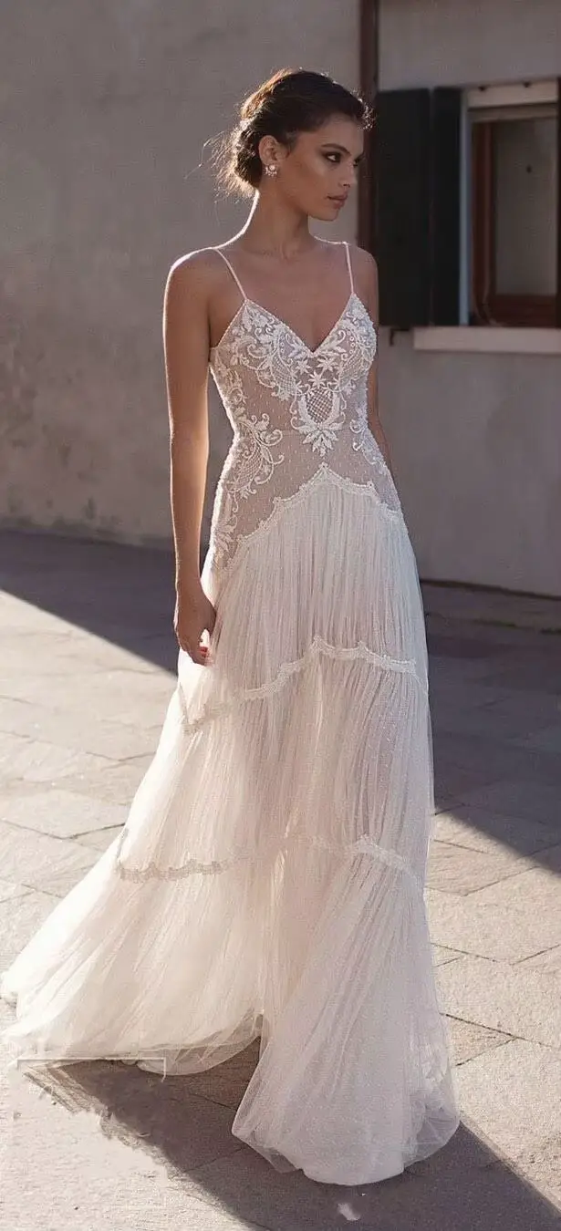 LORIE – robe de mariée bohémien en dentelle, col en v, bretelles Spaghetti, sans manches, en Tulle, 