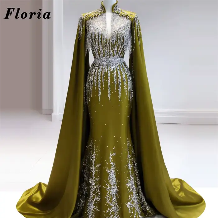 Robes de cocktail sirène vertes à perles, robe de soirée personnalisée à manches longues pour femmes